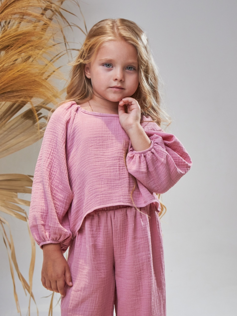 329-ПУ. Костюм детский Палаццо, пудра, хлопок 100%  муслин, размеры 98,104,110,116