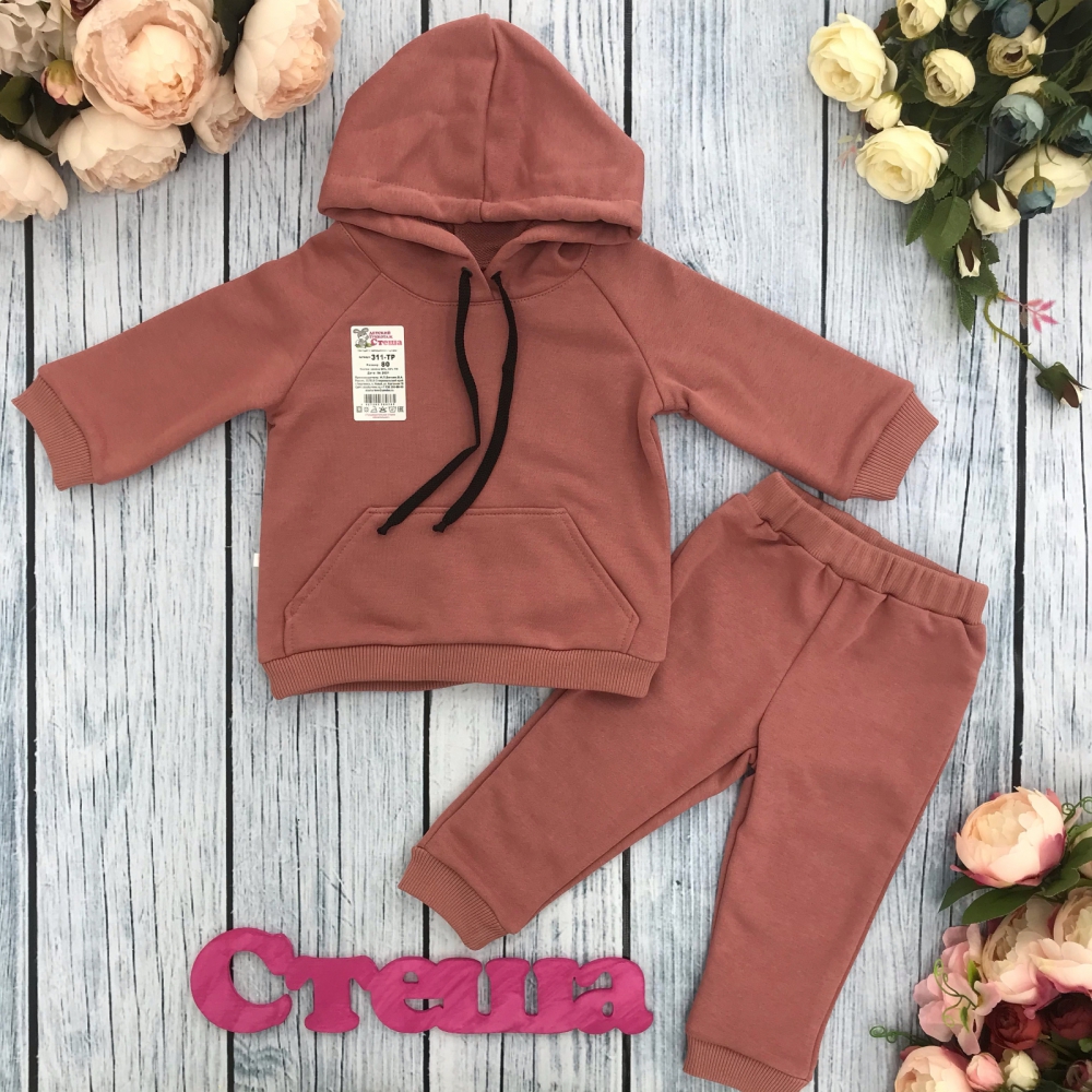 311-ТР. Свитшот с капюшоном + Штаны, хлопок 65%, 35% ПЭ, 3-х нитка ( без начеса) терракот 80,86,92