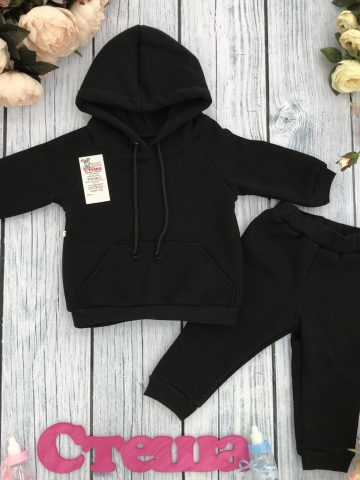 Купить оптом 296-Ч. Свитшот с капюшоном + Штаны, хлопок 65%, 35% ПЭ, 3-х нитка (начес) черный 80,86,92 в Москве